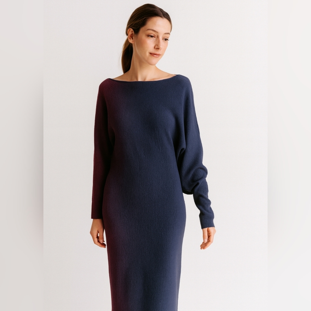 Long Sleeve Boat Neck Navy Blue Midi Dress Luxely